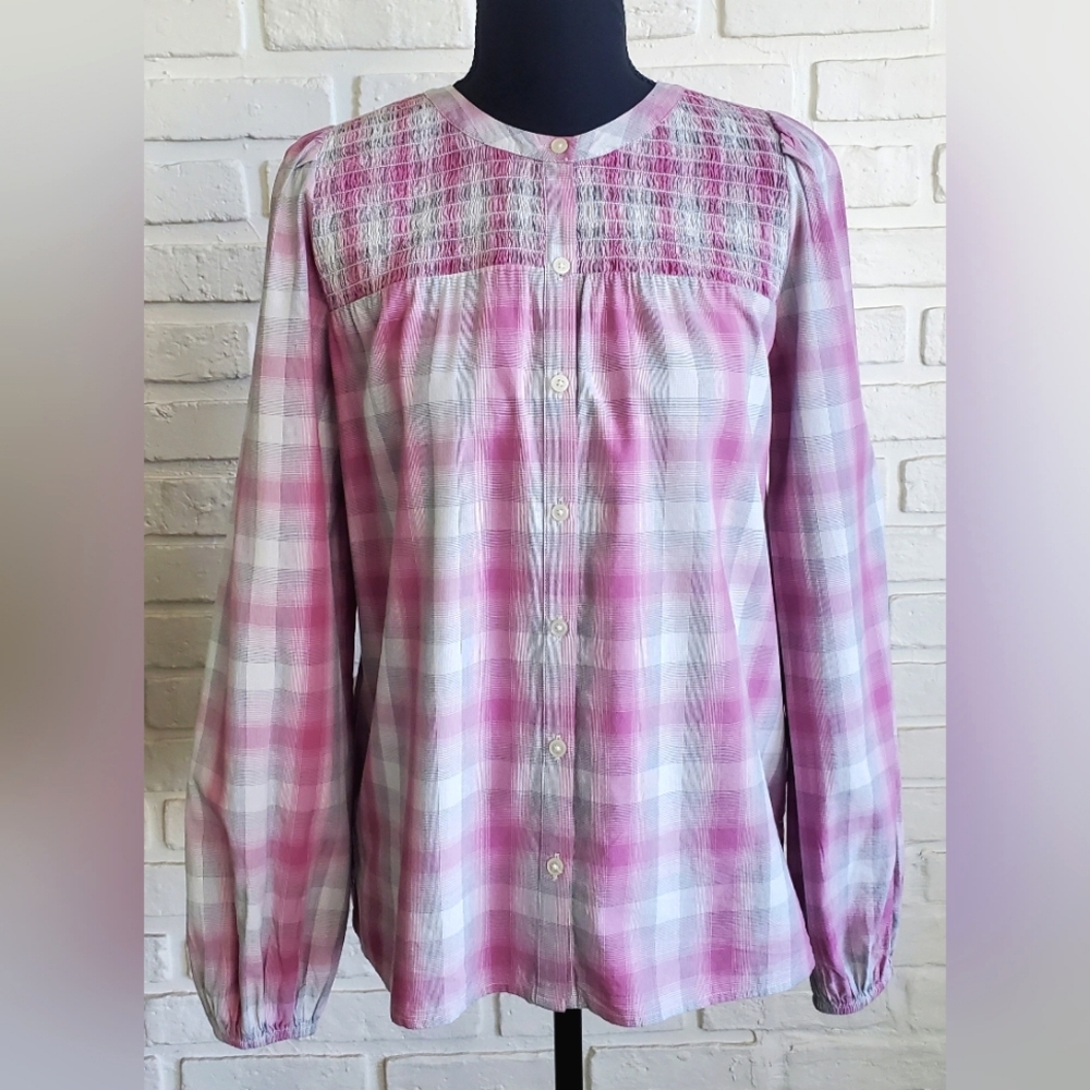 NWT LOFT Pink Plaid Smocked Yoke Button Front Blouse - Size XS - Picture 4 of 14